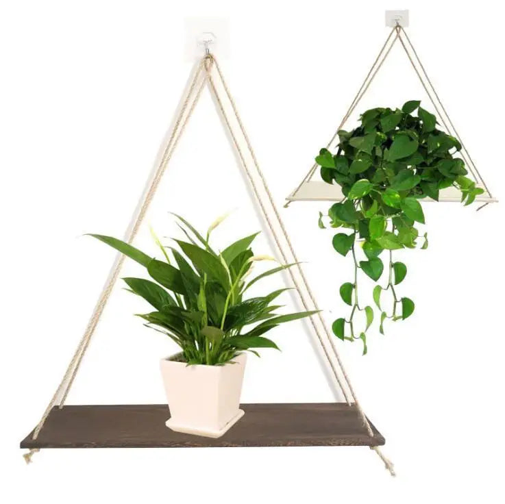 1PCS Wall decoration hanging rope flower pot wooden storage rack - My Store