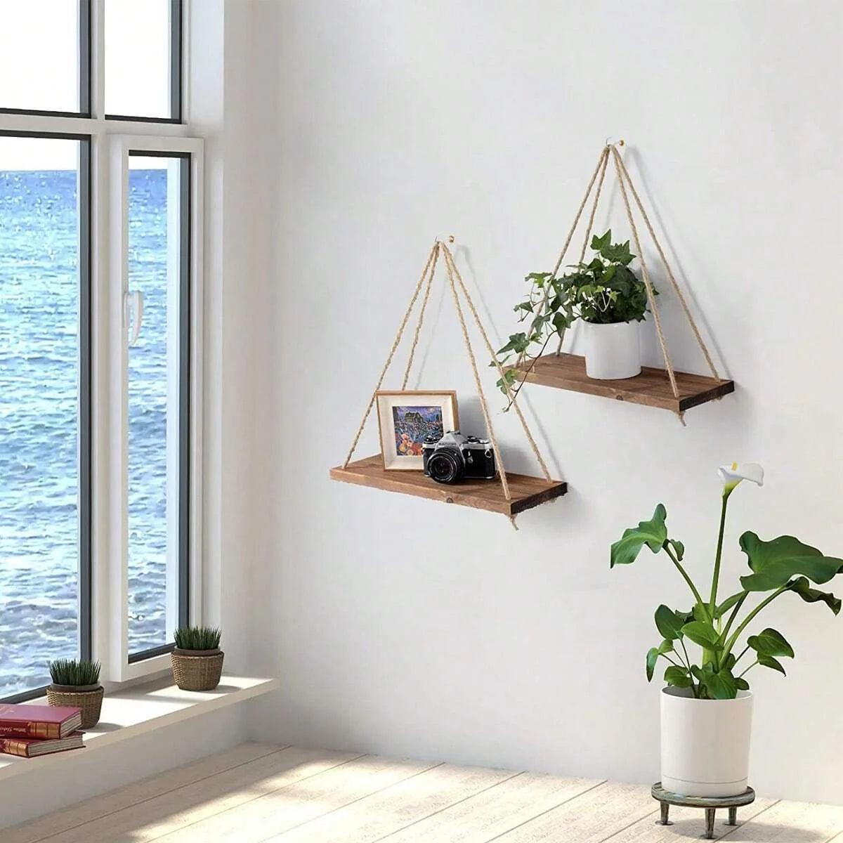 1PCS Wall decoration hanging rope flower pot wooden storage rack - My Store