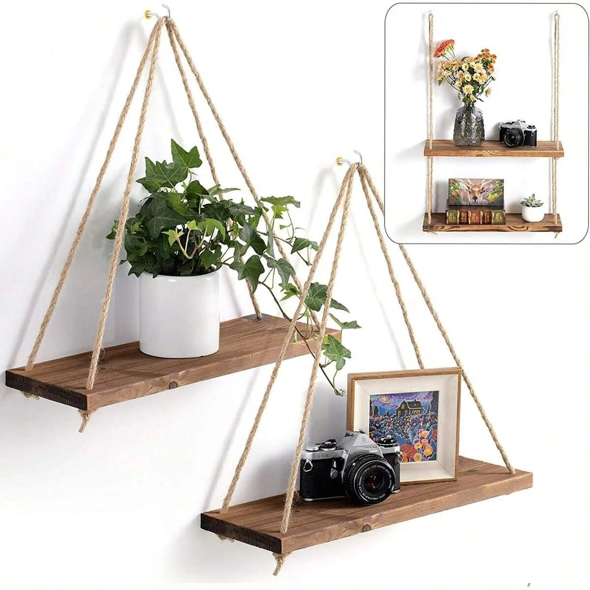 1PCS Wall decoration hanging rope flower pot wooden storage rack - My Store