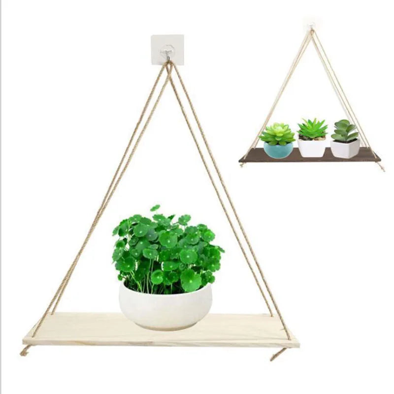 1PCS Wall decoration hanging rope flower pot wooden storage rack - My Store